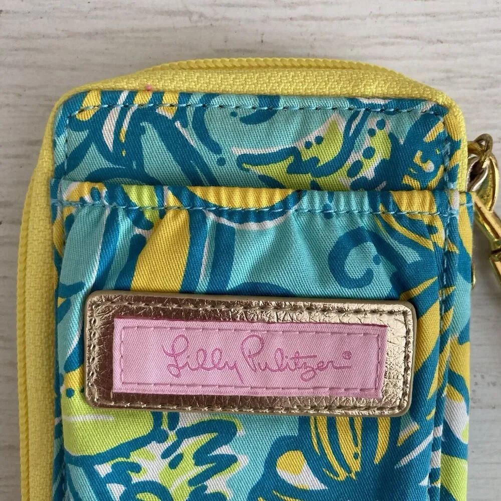Lilly Pulitzer Wristlet Card Coin Wallet Removable Strap Blue Yellow Gold Floral
